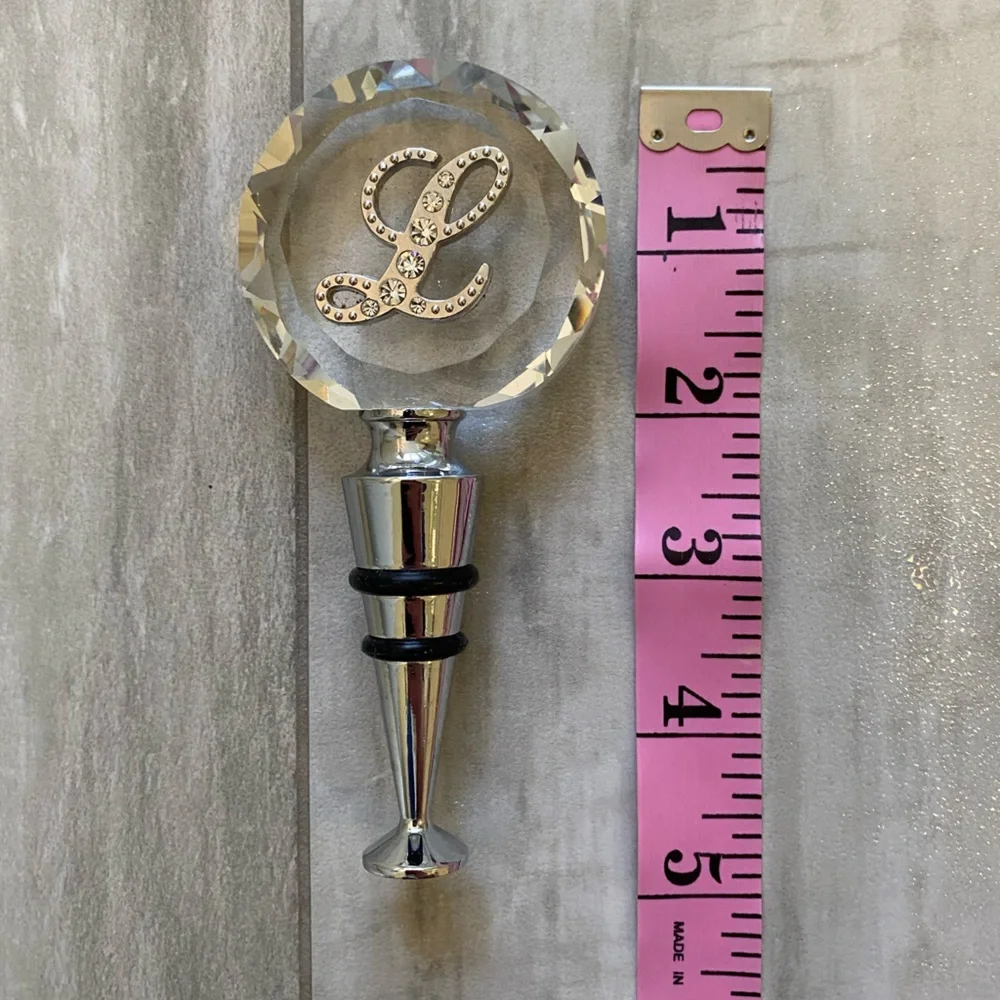 Clear Glass Wine Bottle Stopper with Sparkly Crystal Script L
